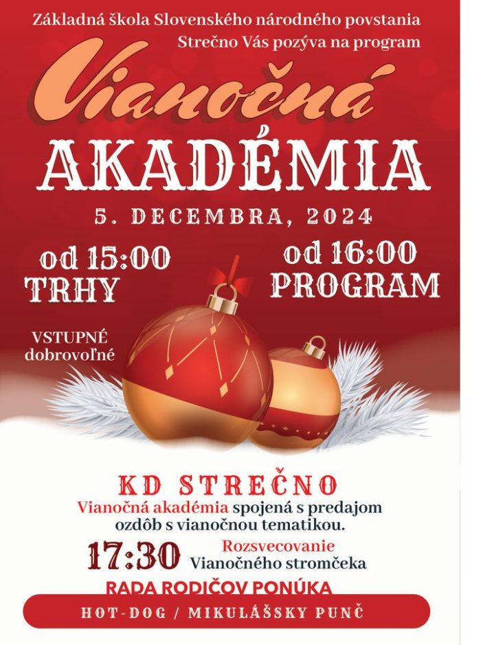 Pozývame Vás na Vianočnú akadémiu🎄,ktorá sa bude konať 5.12.2024☃️ a zároveň bude spojená s vianočnými trhmi, kde si môžete kúpiť vianočné ozdôbky. Začiatok bohatého programu je o 15:00 v sále KD Strečno.❄️ Tešíme sa na Vás.