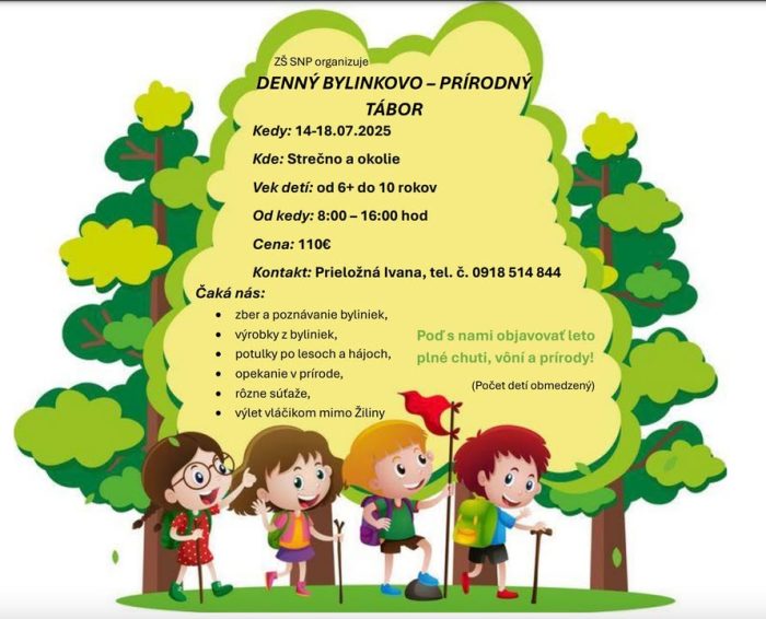 ZŠ SNP organizuje Bylinkovo - prírodný tábor. Termín: 14.-18.7.2025.